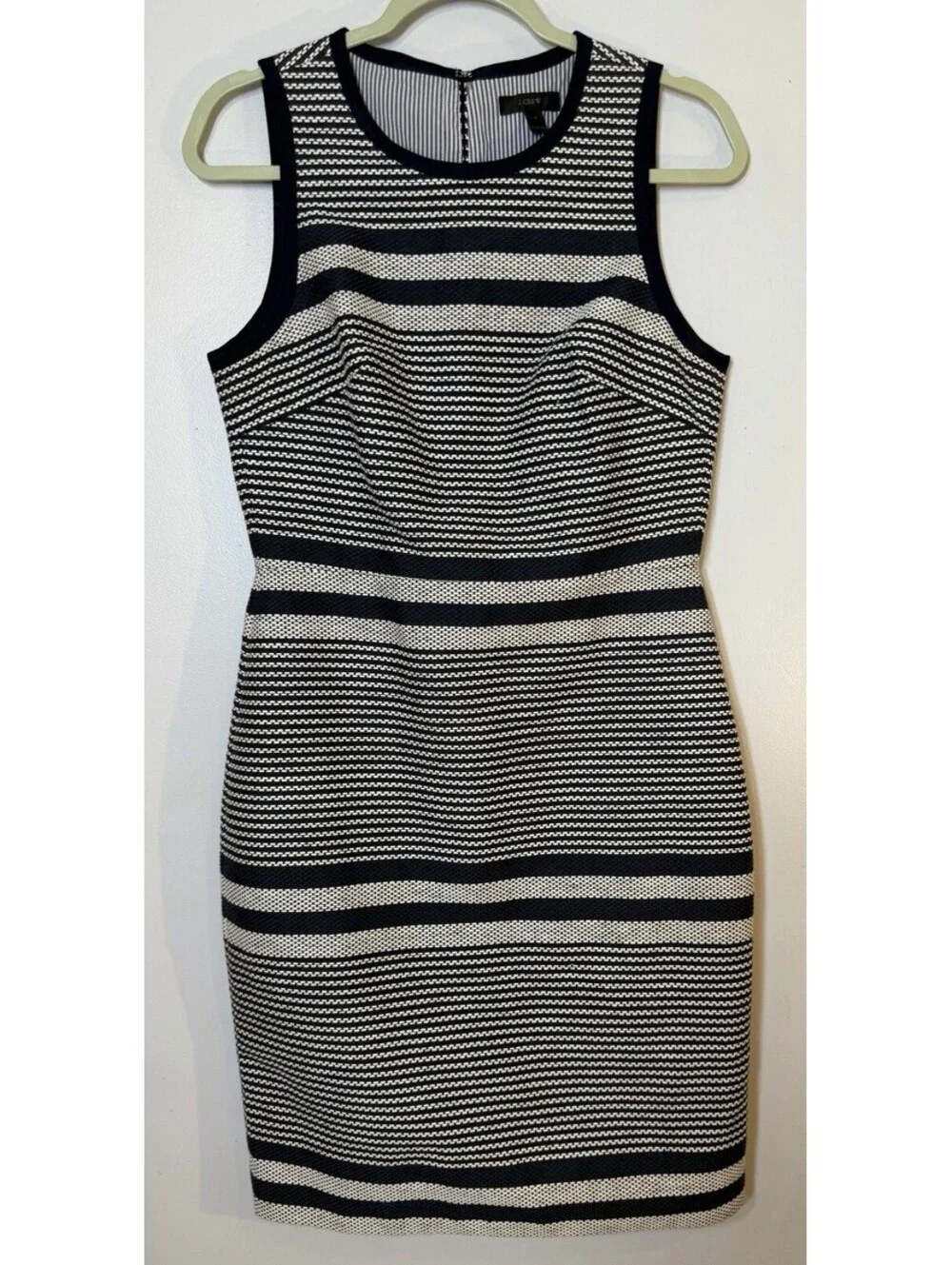 J Crew Textured Tweed Striped Sheath Dress Sleeveless Navy White Back Tie 4 Work